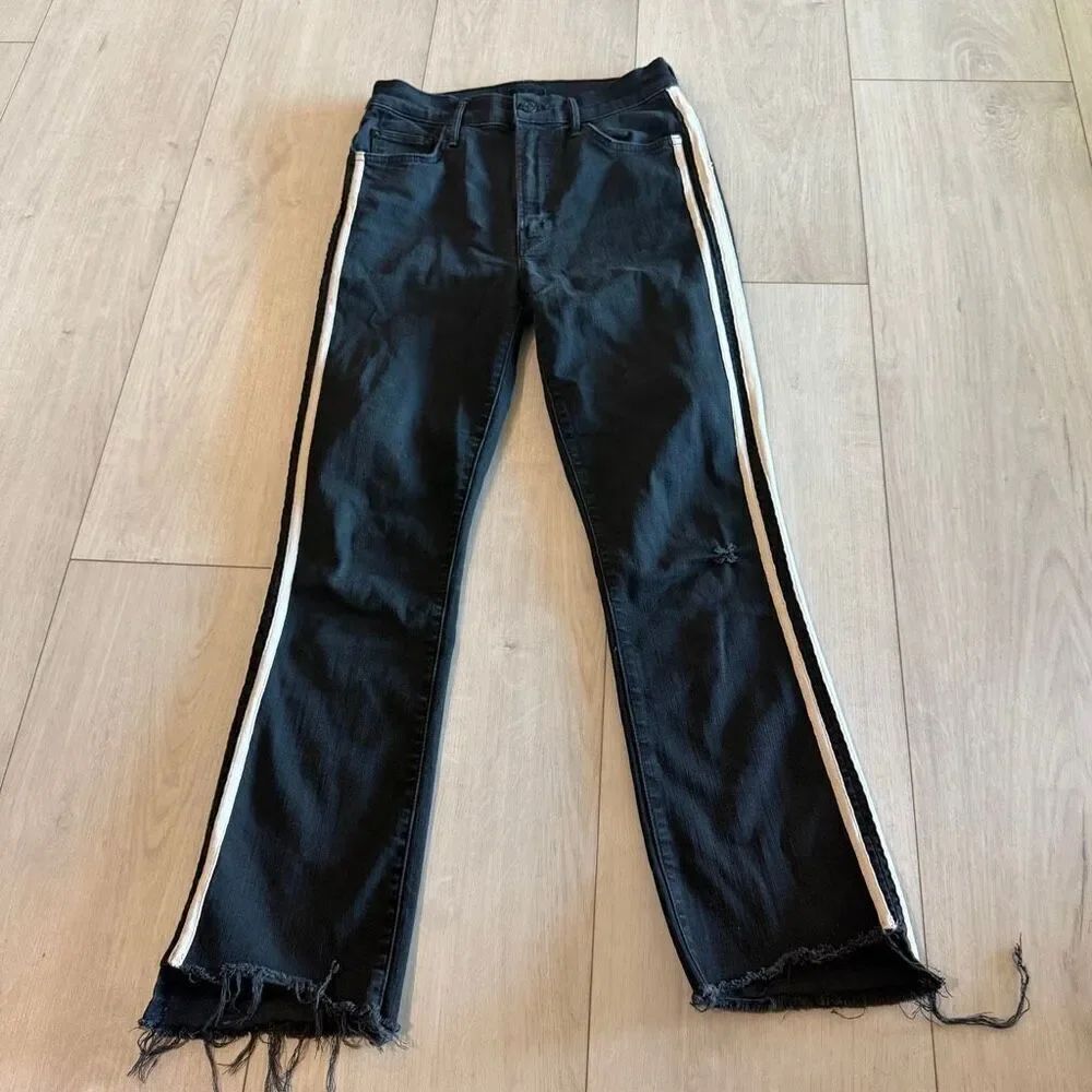 Mother Insider Crop Step Fray Jean in Guilty Racer Stripe Size 26 Black Bootcut